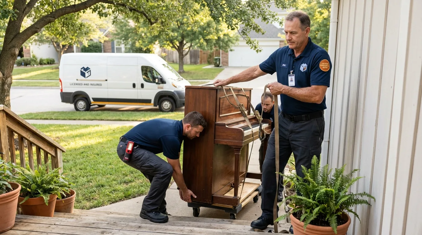 Licensed piano movers securing grand piano in Portola Valley, CA