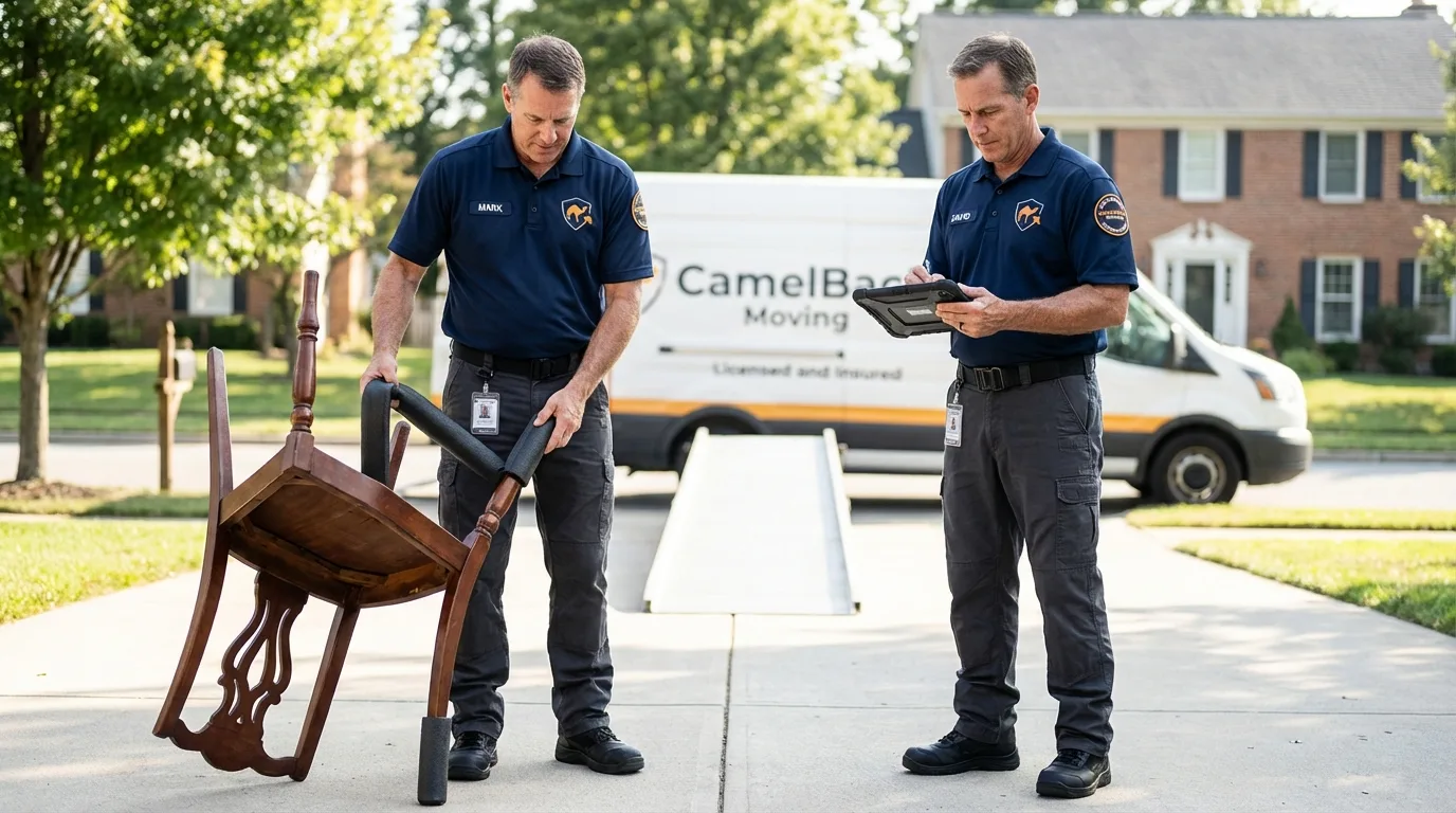 Movers inspecting furniture for damage prevention before loading in Portola Valley, CA