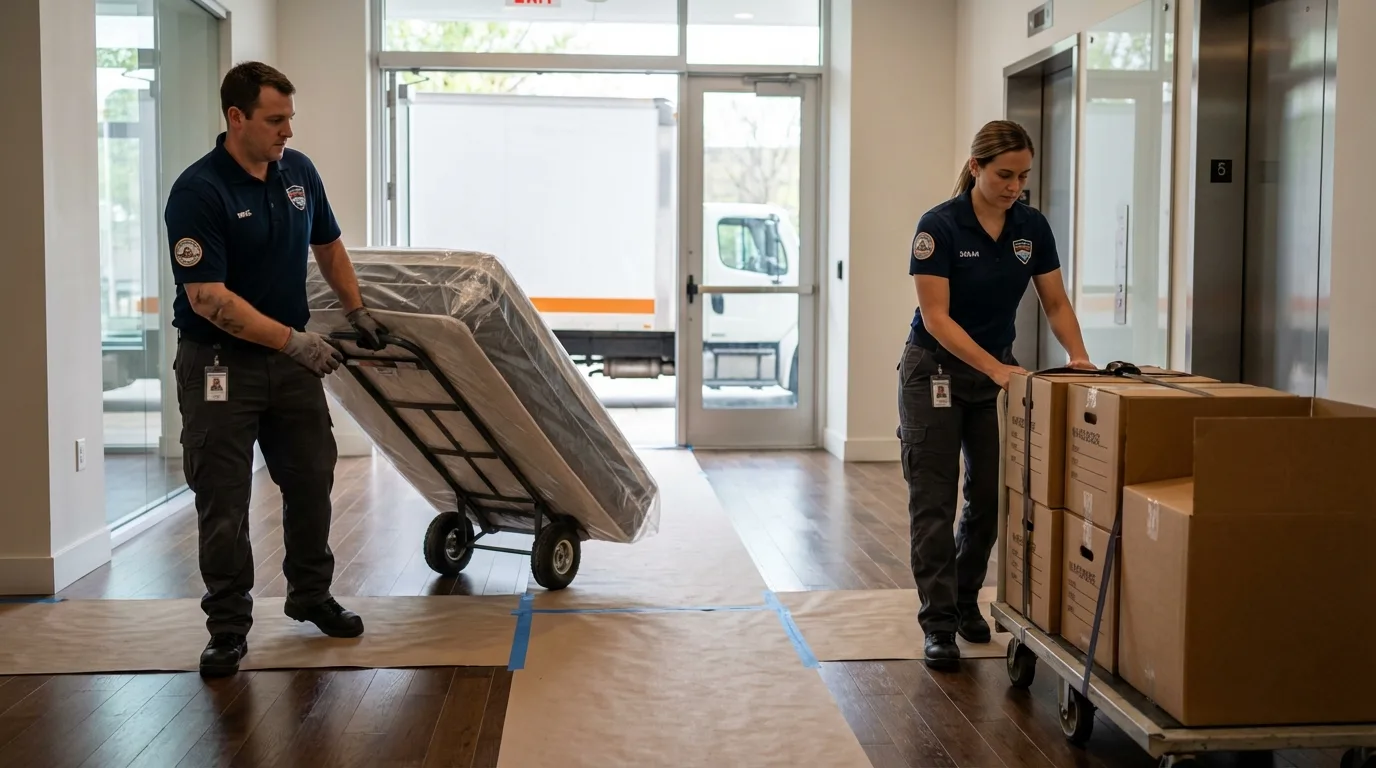 Professional apartment movers loading elevator in Portola Valley, CA