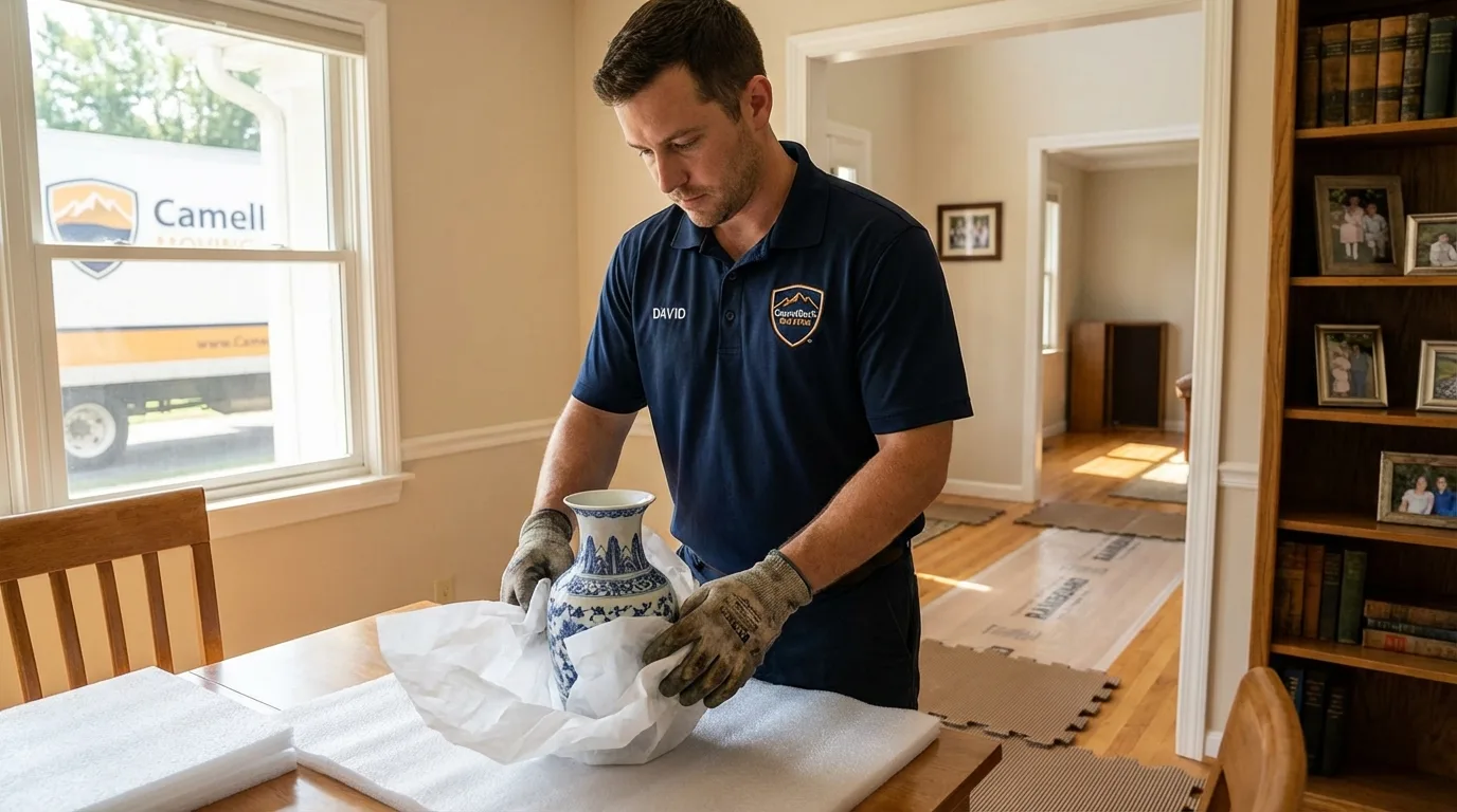 Professional crew carefully wrapping antique vase for senior downsizing move in Portola Valley, CA