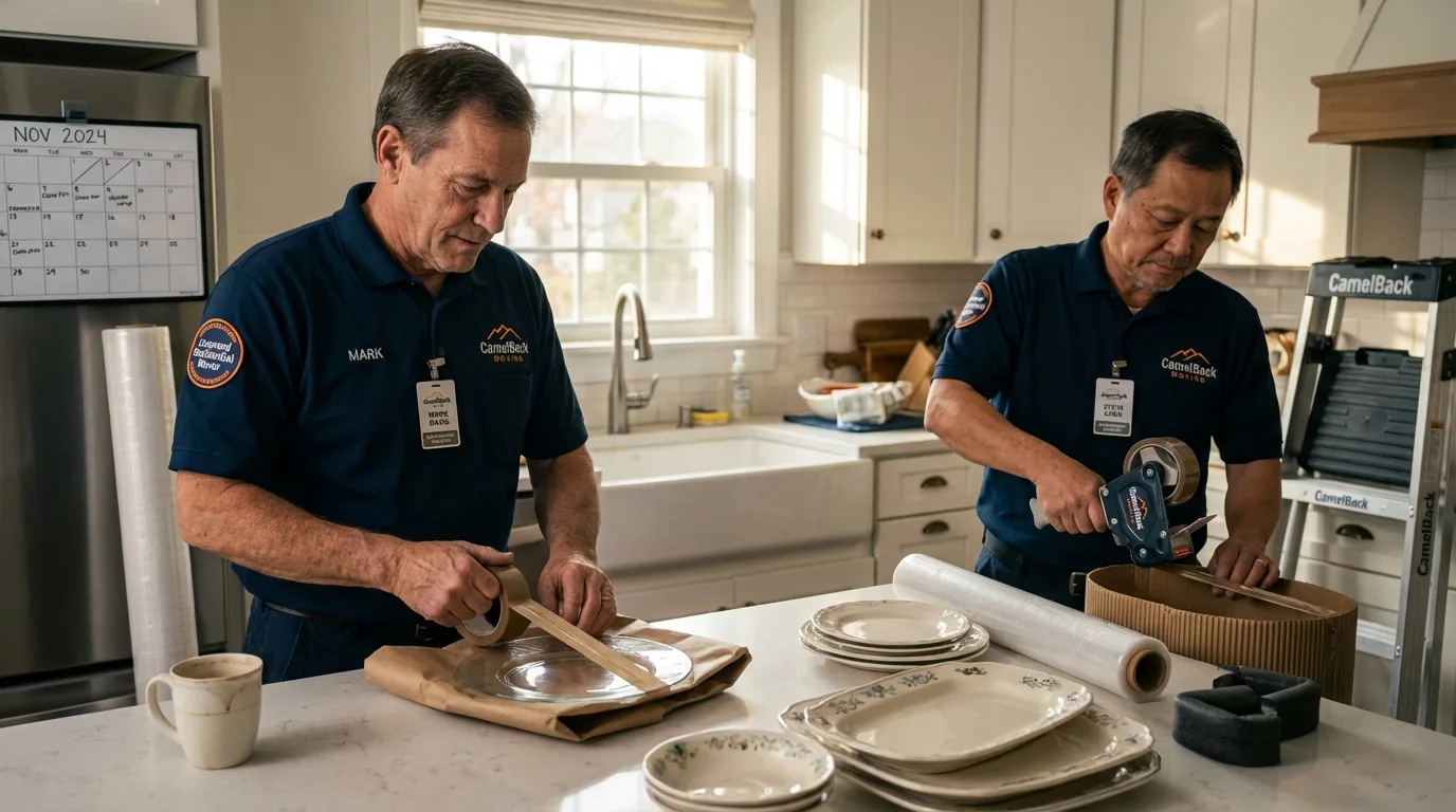 Professional crew packing kitchen dishware in Portola Valley, CA